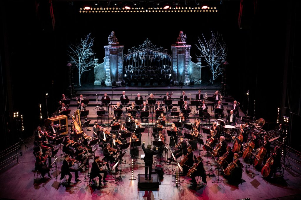 Koncert na Nowy Rok. Na scenie siedzi Orkiestra Opery i Filharmonii Podlaskiej. Z przodu stoi dyrygent. Na końcu podświetlona, ozdobna brama. Po obydwu jej stronach drzewa bez liści podświetlone białym światłem.