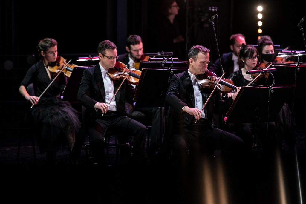 Na zdjęciu zbliżenie na część sekcji smyczkowej orkiestry podczas wykonywania utworu.